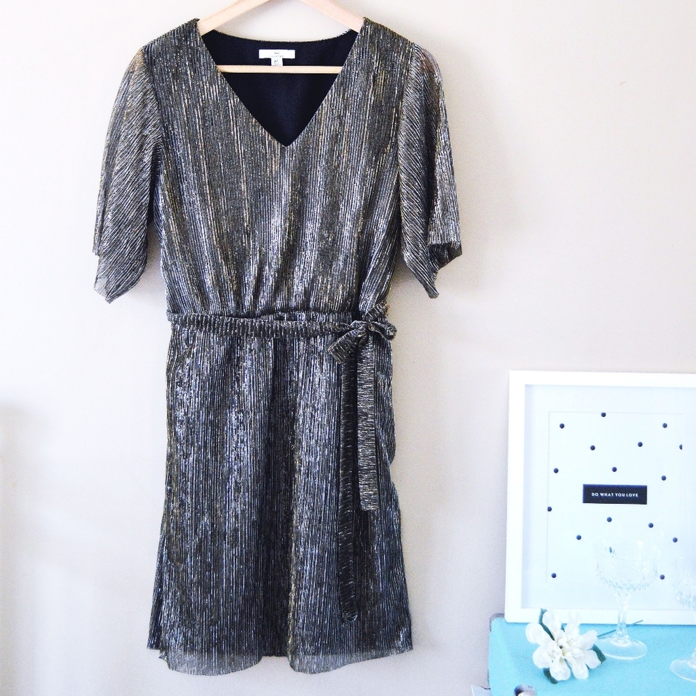 HALSTON shiny silver grey metallic fit & flare …